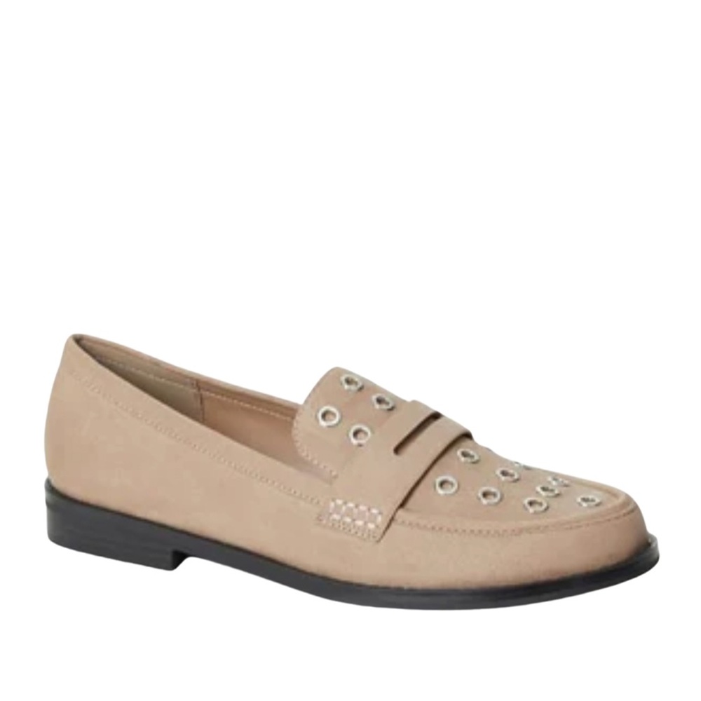 •Zuri• Beige Faux Suede Grommet Loafers | Edgy Chic Flats - Picture 5 of 6